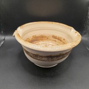 Vintage Studio Pottery Signed Mixing Bowl Spout Cream Brown Ceramic 1974 8.5in